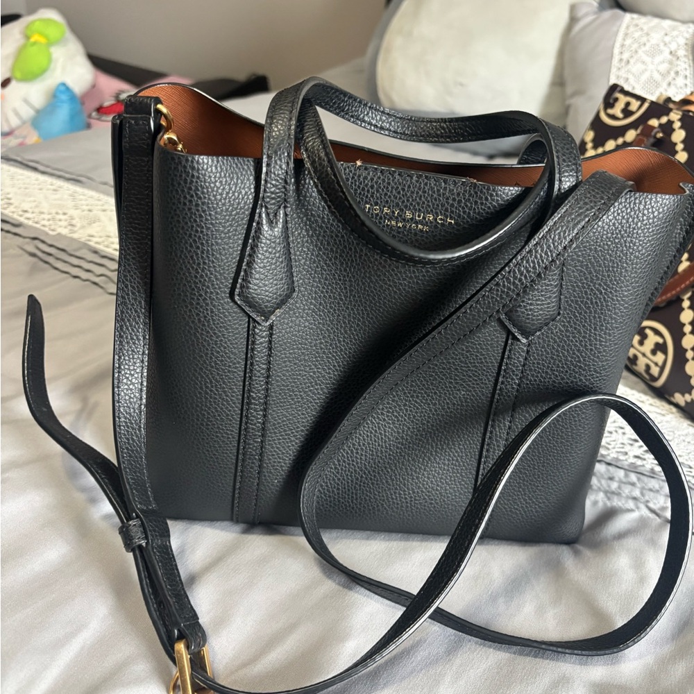 Tory Burch Black Pebbled Leather Shoulder Bag with Tan Interior Trim